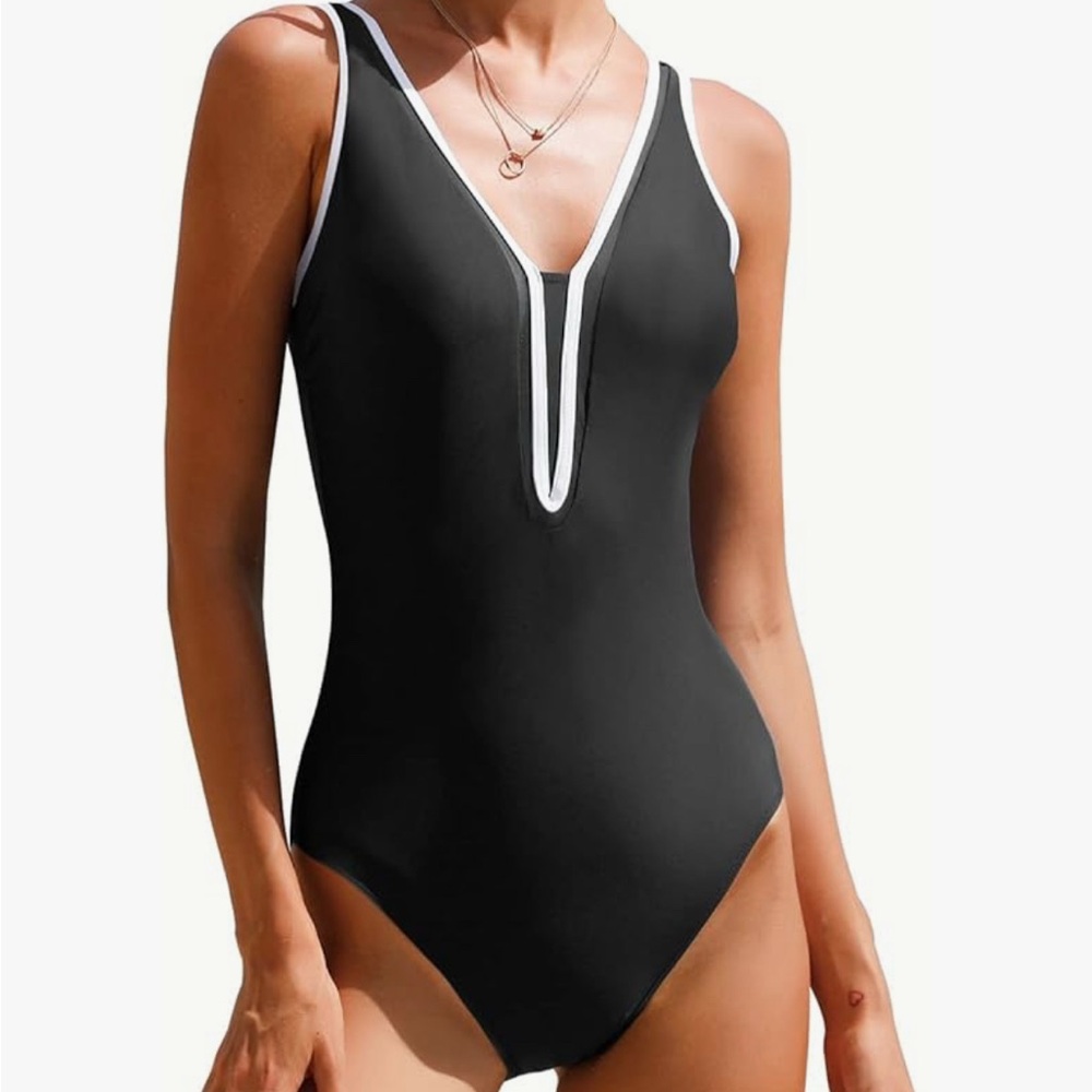 Black and White One-Piece Mesh Detail Swimsuit